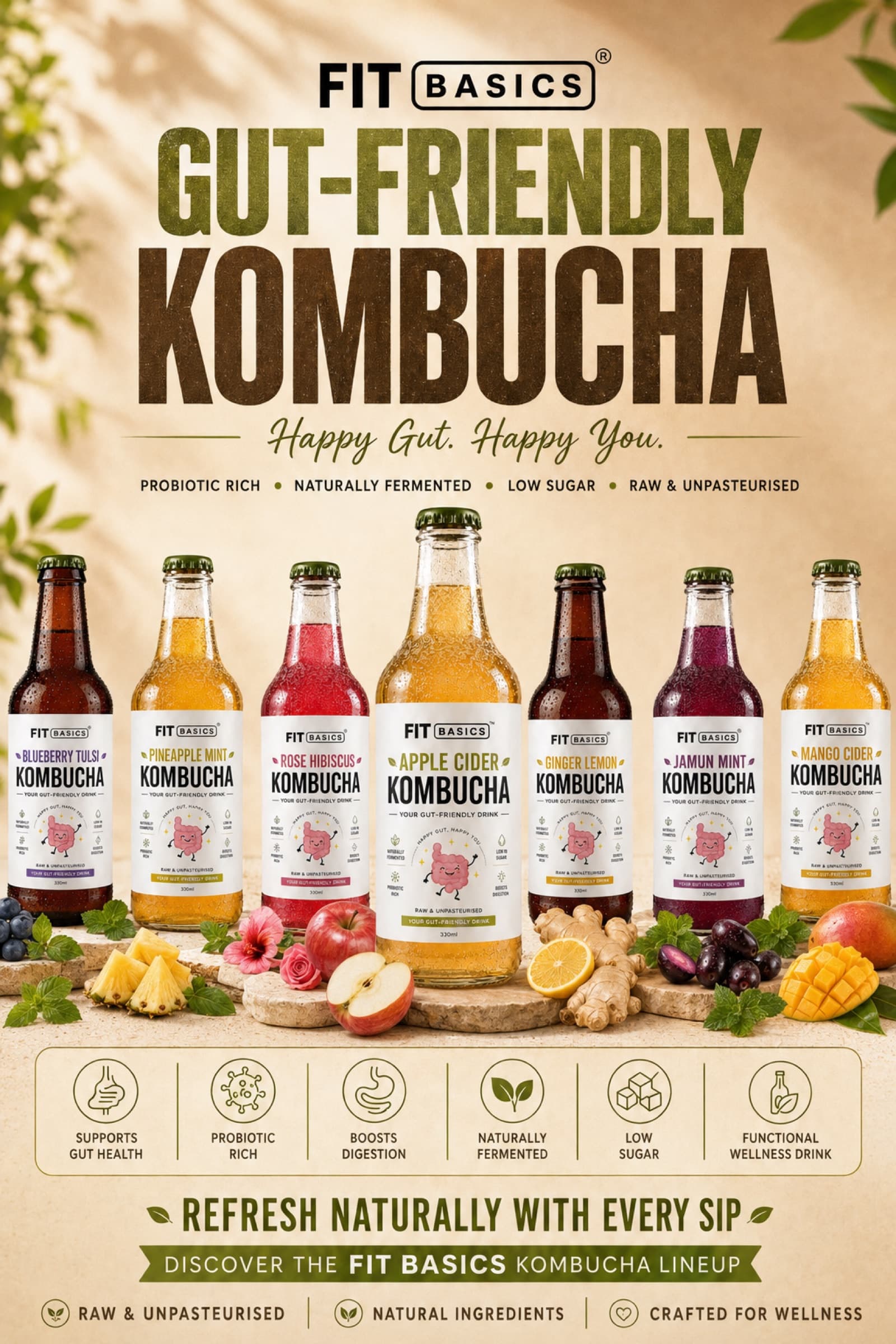 FitBasics Kombucha — naturally fermented, seven flavours