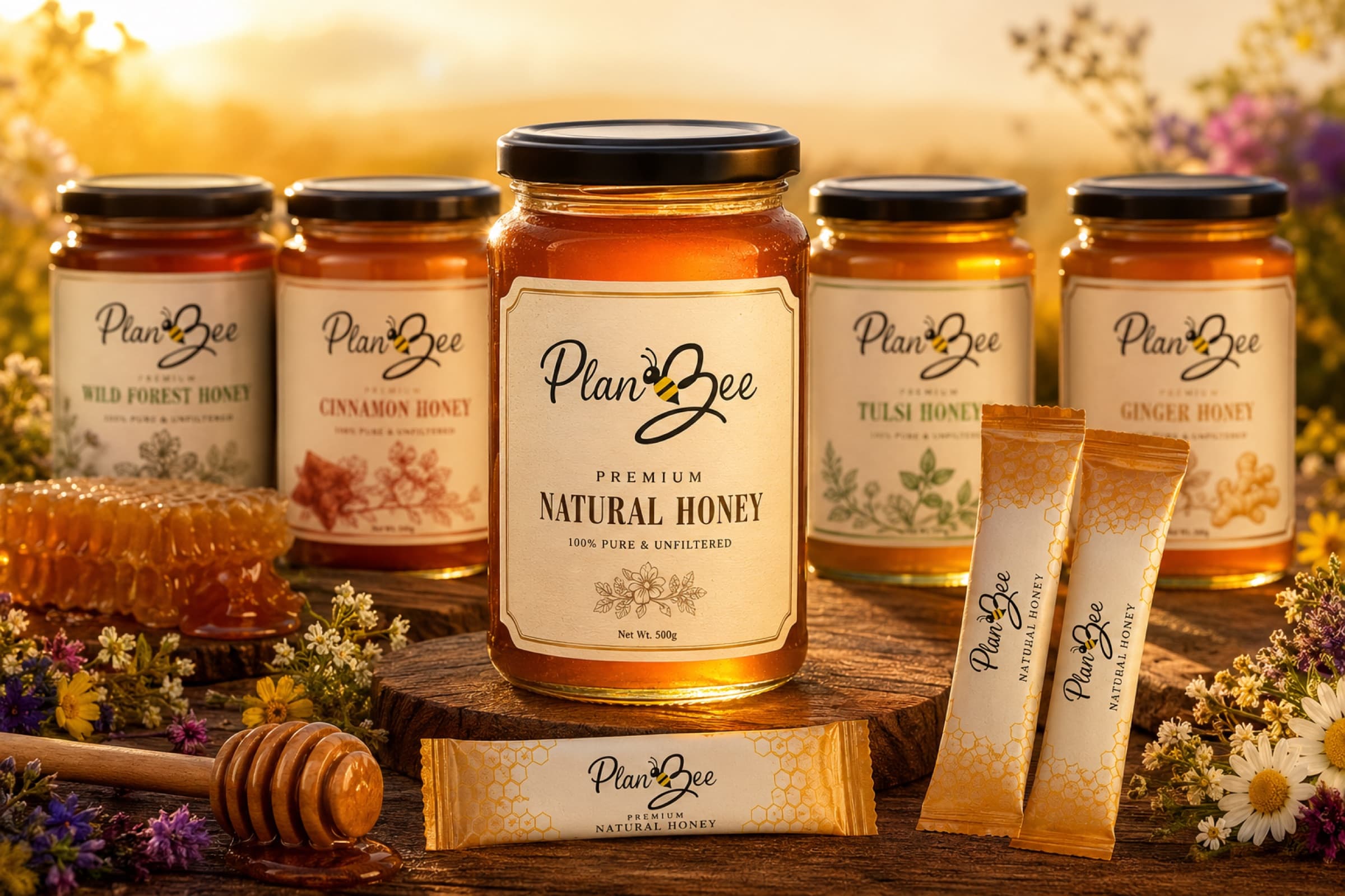 PlanBee premium natural honey jars in golden light