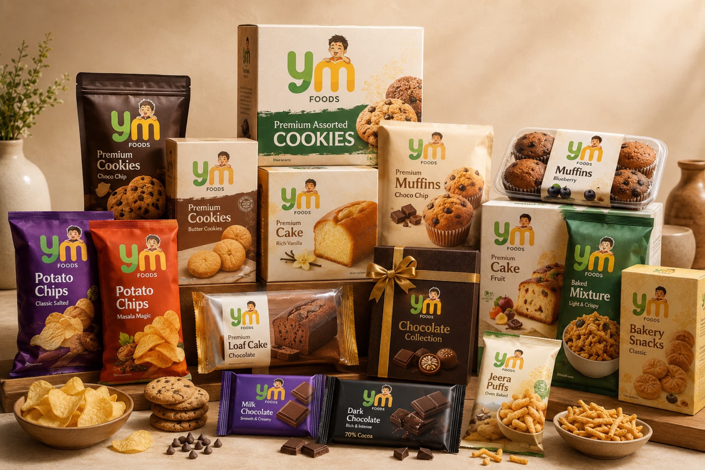 The YM Foods everyday range — cookies, cakes, chocolates and snacks